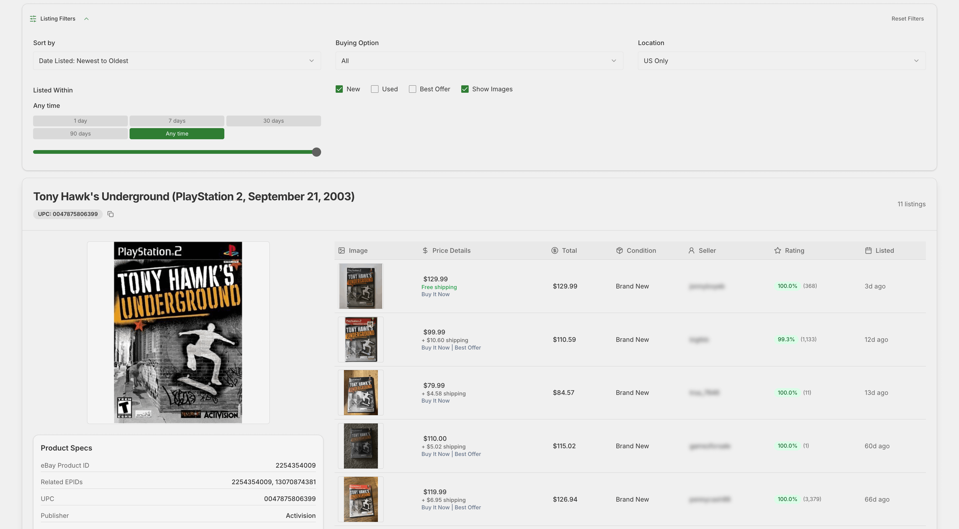 BuyMap complete product view showing organized listings with filters and price comparison