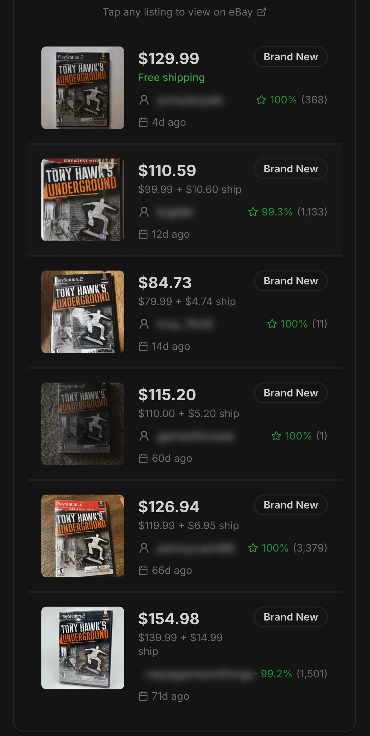 BuyMap mobile seller listings showing price comparison