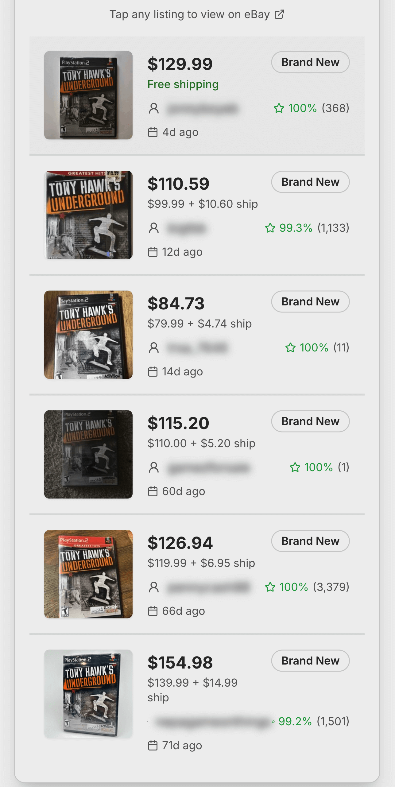 BuyMap mobile seller listings showing price comparison